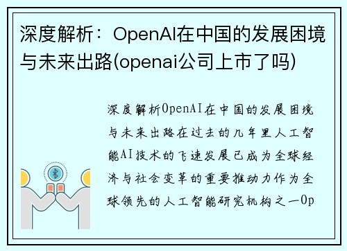 深度解析：OpenAI在中国的发展困境与未来出路(openai公司上市了吗)